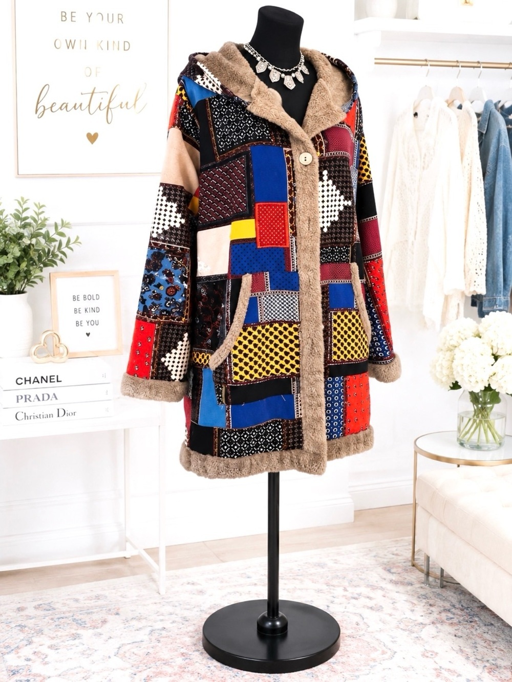 Colorful Patchwork Sherpa Hooded Coat Boho Artsy Faux Fur Trim Pockets